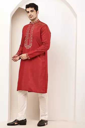Men’s straight red viscose silk zari-work kurta