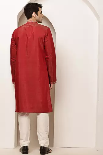 Men’s straight red viscose silk zari-work kurta