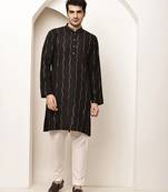 Men’s onyx black textured threadwork kurta