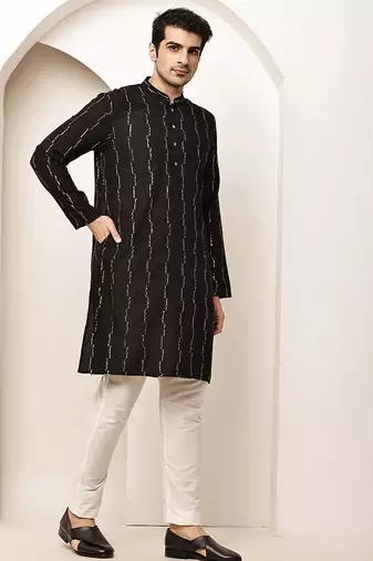 Men’s onyx black textured threadwork kurta