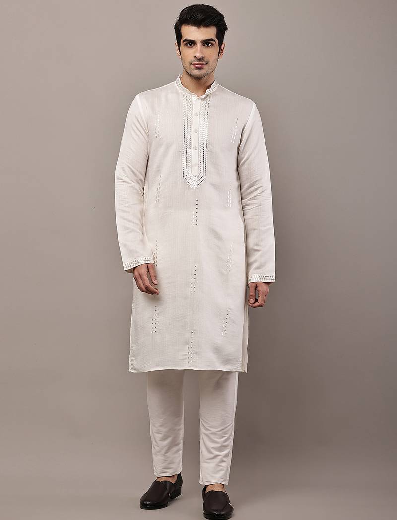 Men’s ivory white textured threadwork kurta