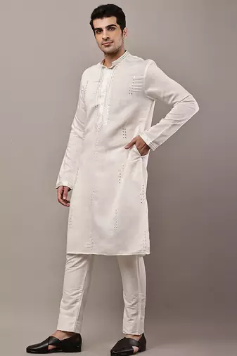 Men’s ivory white textured threadwork kurta