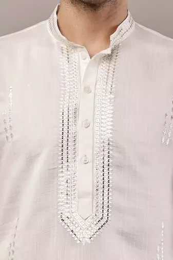Men’s ivory white textured threadwork kurta