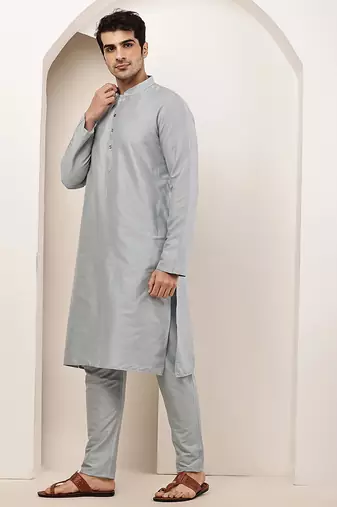 Men's blue straight viscose silk kurta