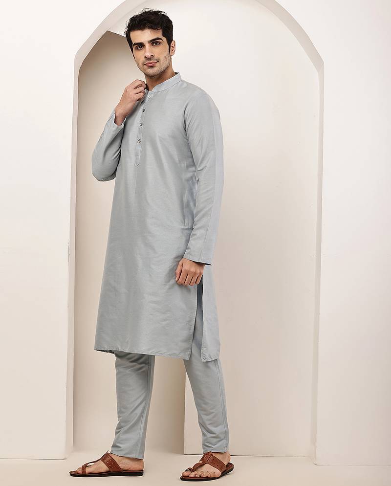 Men's blue straight viscose silk kurta