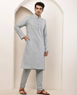 Men's blue straight viscose silk kurta 3