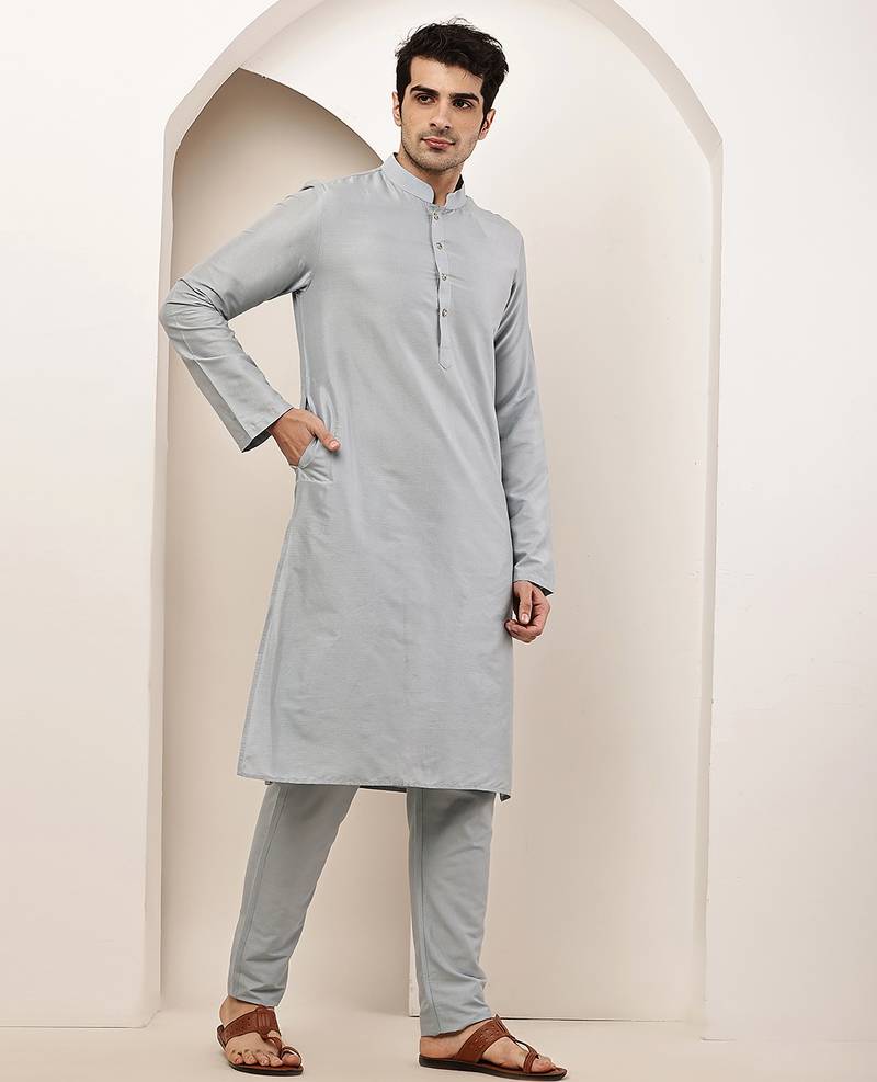 Men's blue straight viscose silk kurta