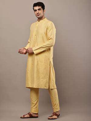 Men's yellow straight viscose silk kurta 2