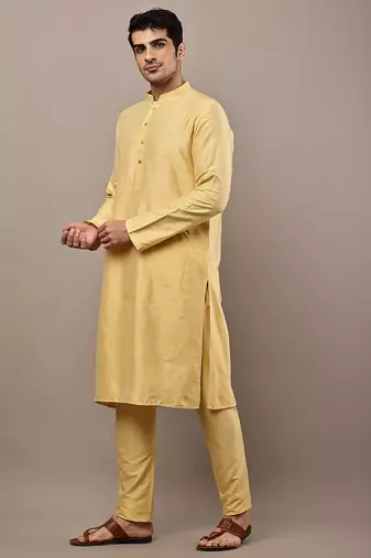 Men's yellow straight viscose silk kurta