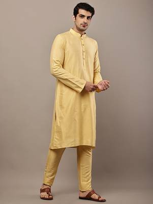 Men's yellow straight viscose silk kurta 3