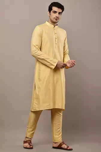 Men's yellow straight viscose silk kurta