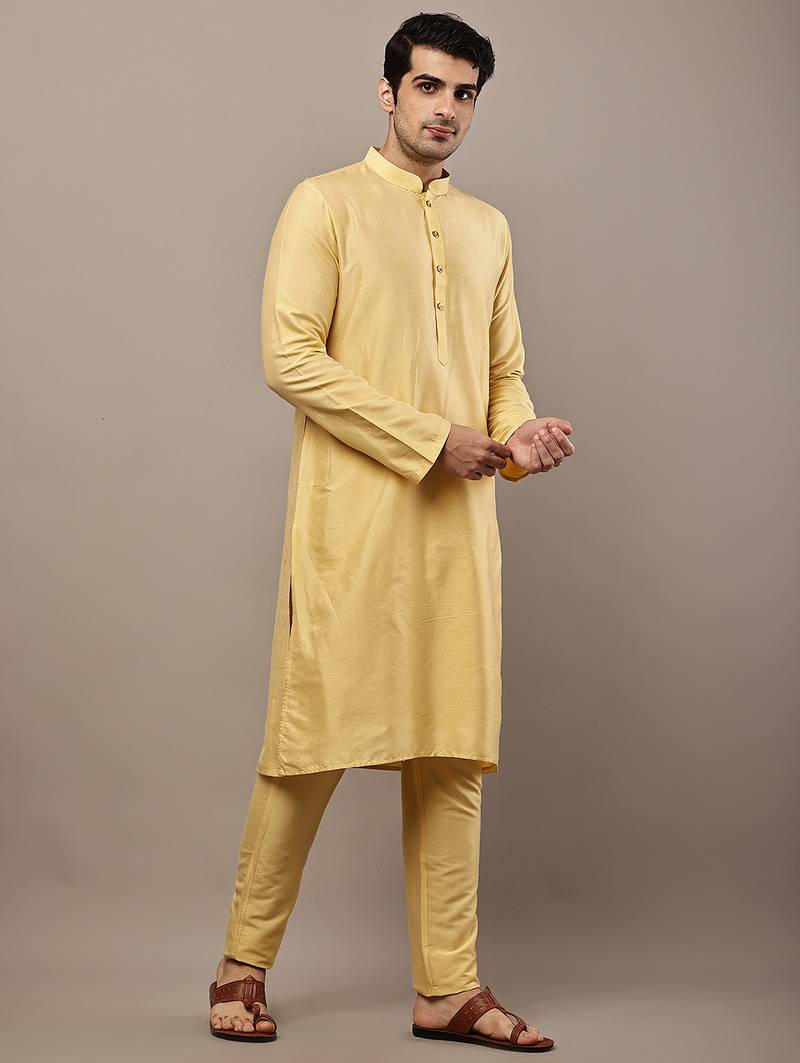 Men's yellow straight viscose silk kurta