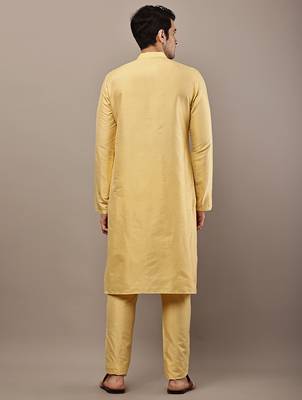 Men's yellow straight viscose silk kurta 4