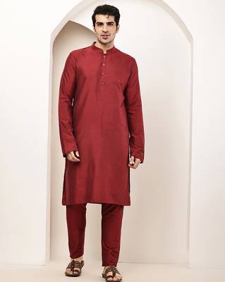 Men's dark red straight viscose silk kurta 1
