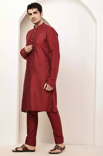 Men's dark red straight viscose silk kurta