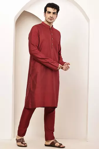 Men's dark red straight viscose silk kurta