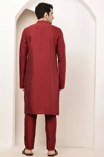 Men's dark red straight viscose silk kurta