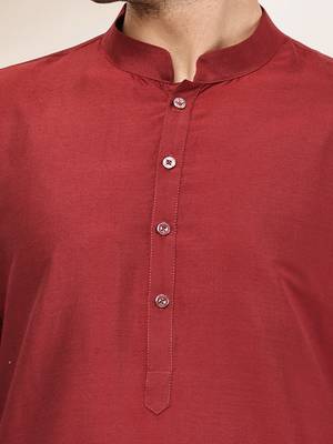 Men's dark red straight viscose silk kurta 5