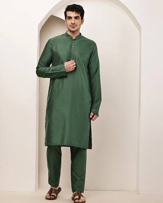 Men's green straight viscose silk kurta 1