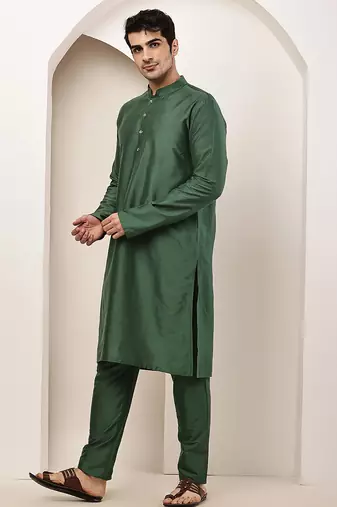 Men's green straight viscose silk kurta