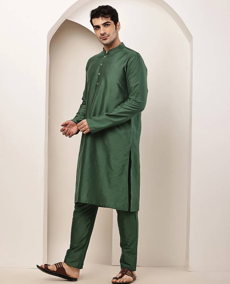 Men's green straight viscose silk kurta