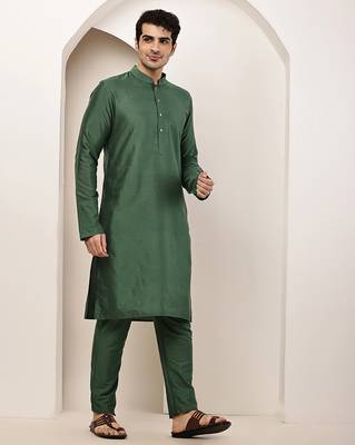 Men's green straight viscose silk kurta 3