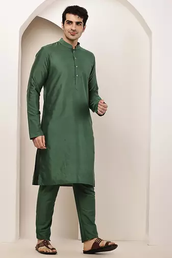 Men's green straight viscose silk kurta
