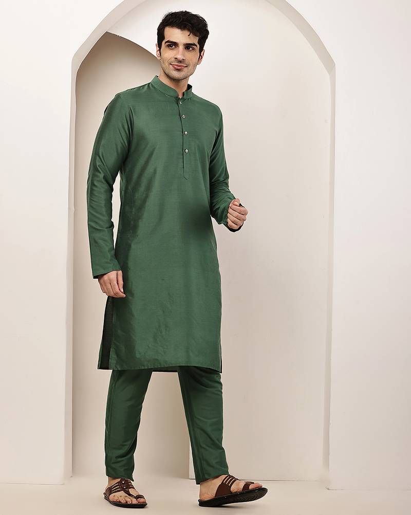 Men's green straight viscose silk kurta
