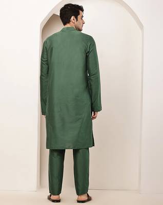 Men's green straight viscose silk kurta 4