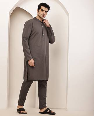 Men's grey straight viscose silk kurta 2