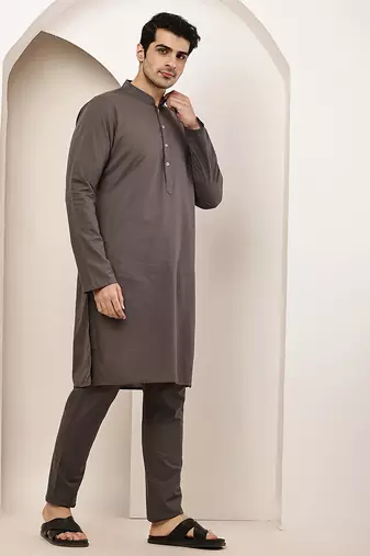 Men's grey straight viscose silk kurta