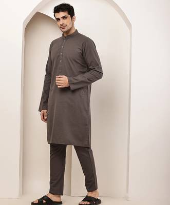 Men's grey straight viscose silk kurta 3