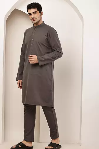 Men's grey straight viscose silk kurta