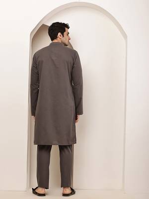 Men's grey straight viscose silk kurta 4