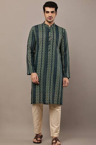 Men’s dark green ethnic printed kurta