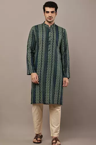 Men’s dark green ethnic printed kurta