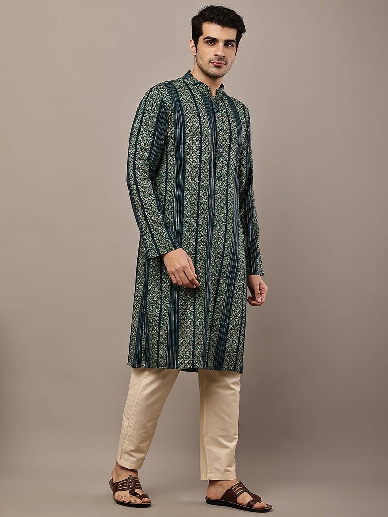Men’s dark green ethnic printed kurta