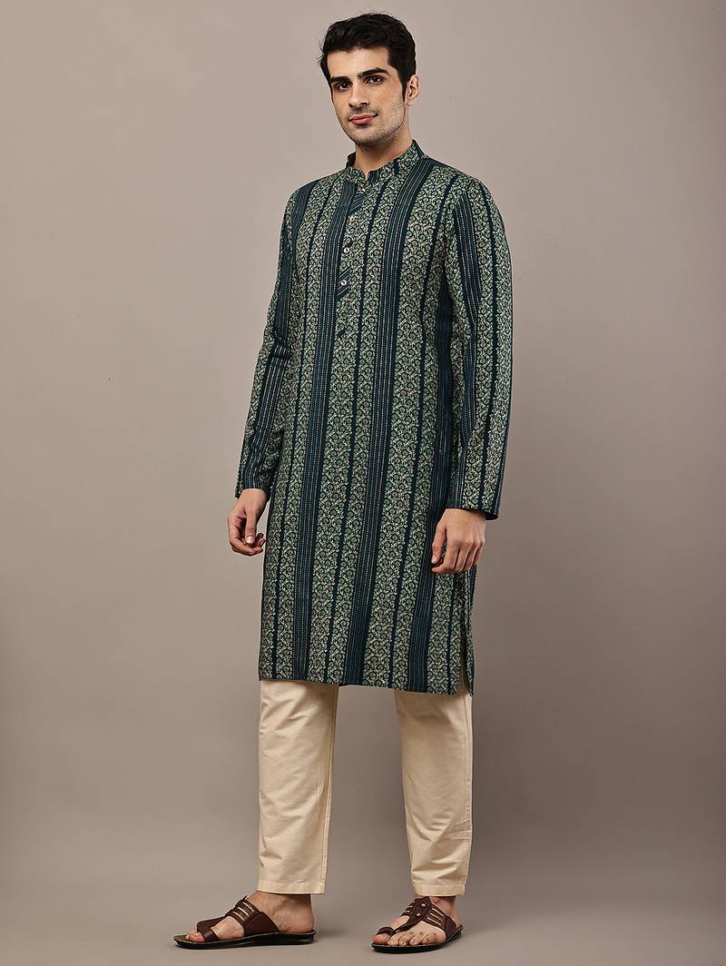 Men’s dark green ethnic printed kurta