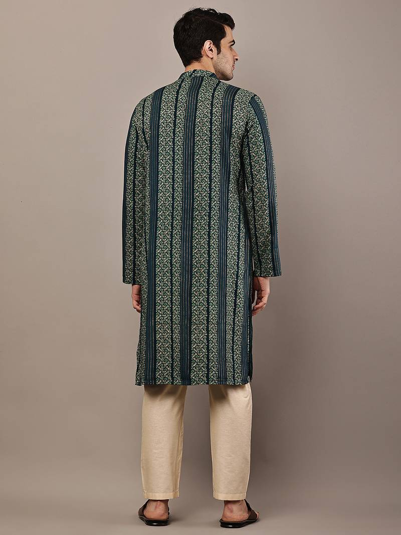 Men’s dark green ethnic printed kurta