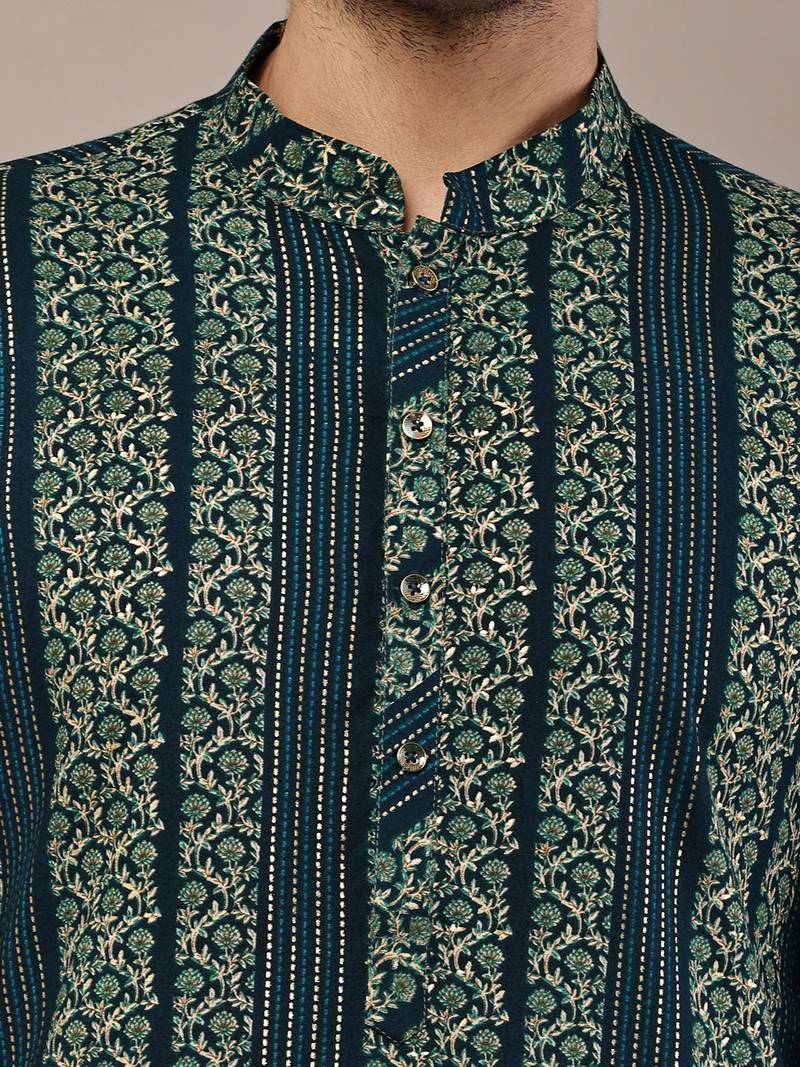 Men’s dark green ethnic printed kurta