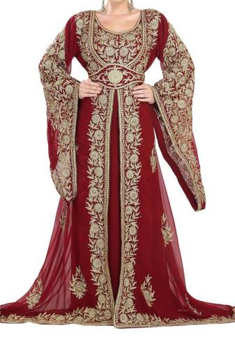 Red georgette moroccan islamic dubai kaftan farasha aari and stone work dress