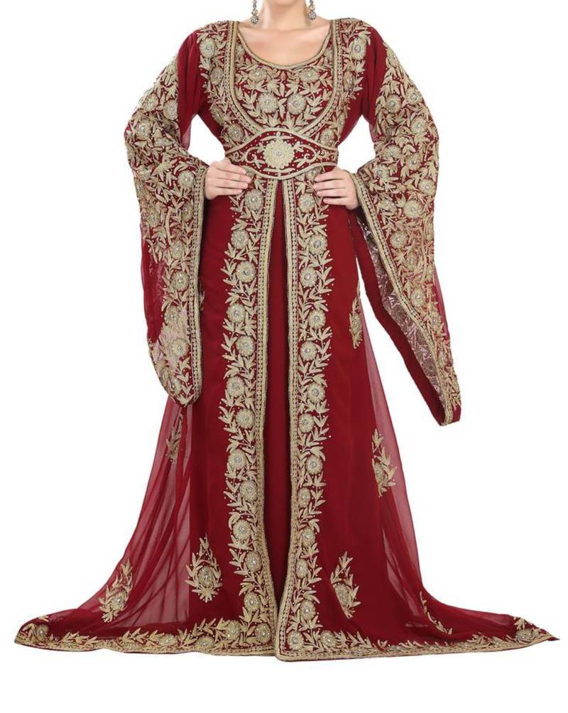 Red georgette moroccan islamic dubai kaftan farasha aari and stone work dress