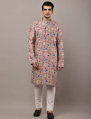 Men’s beige printed kurta 1
