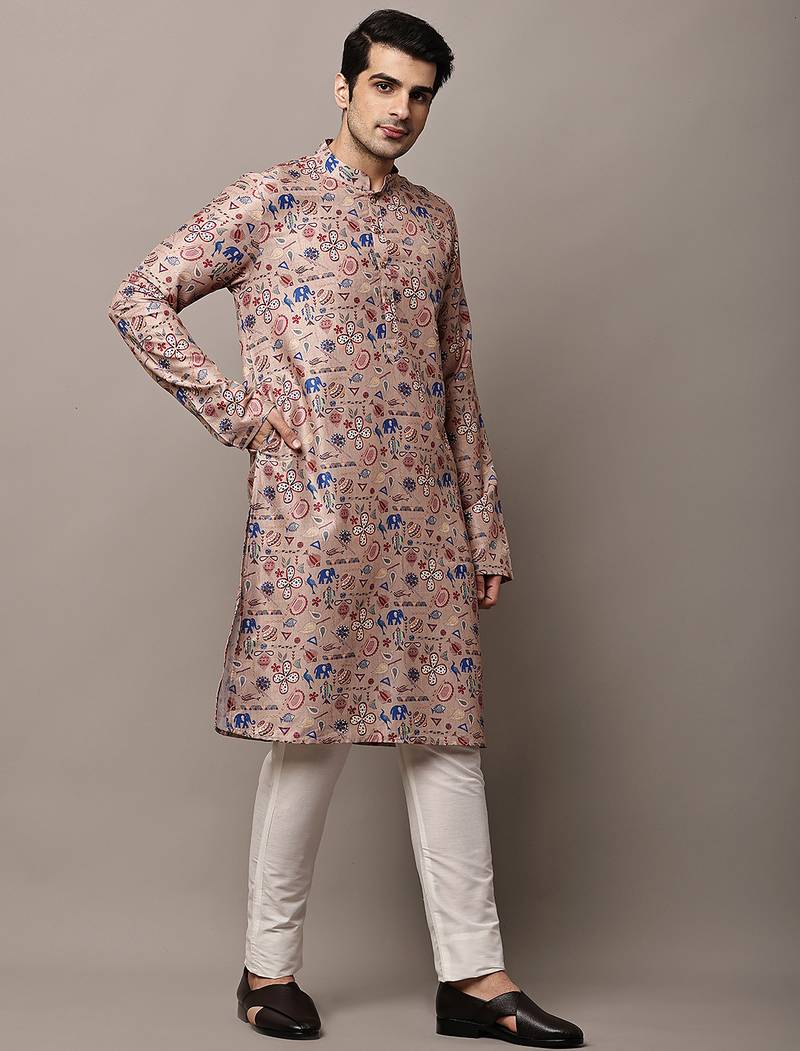 Men’s beige printed kurta