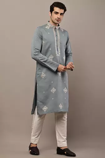 Men’s grey embroidered kurta