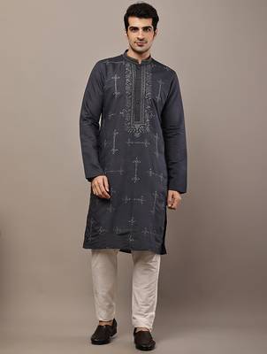 Men’s dark grey embroidered kurta 1