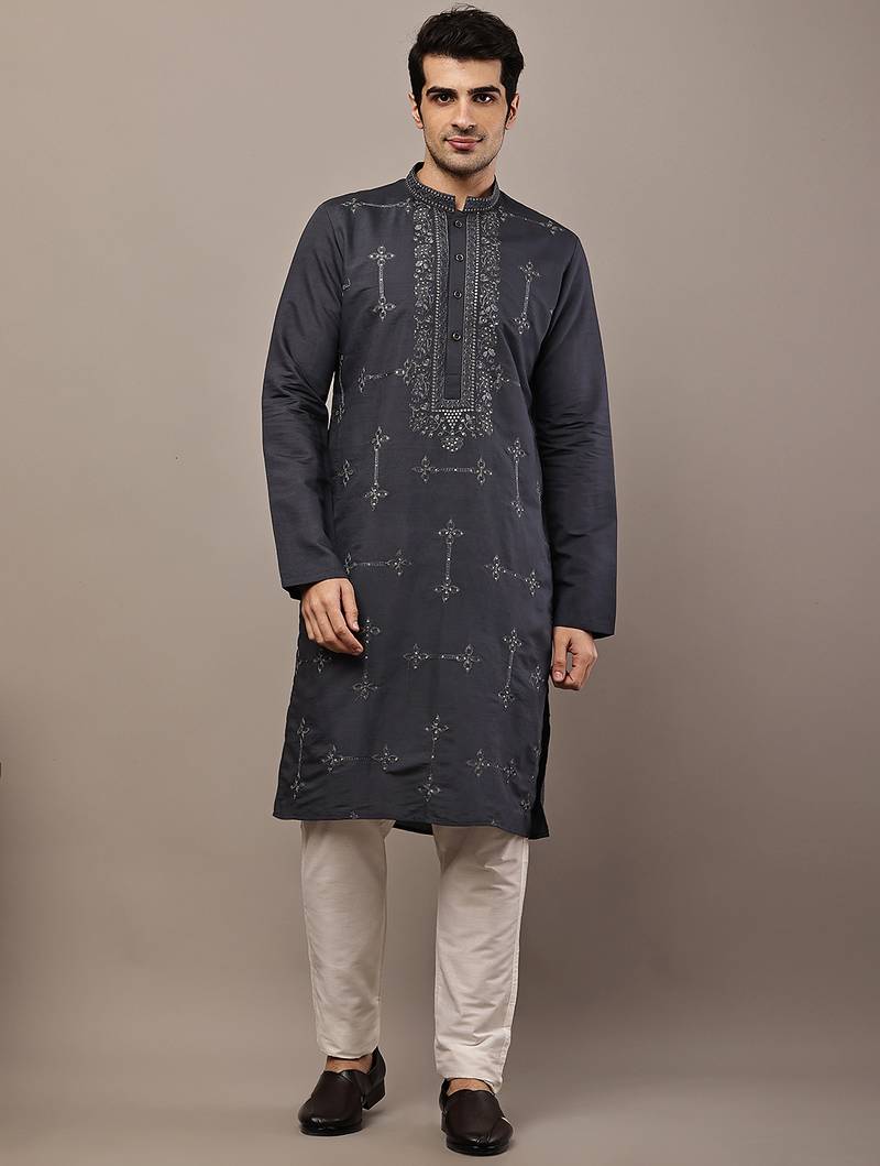 Men’s dark grey embroidered kurta