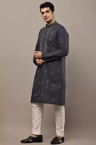 Men’s dark grey embroidered kurta