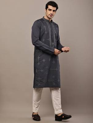 Men’s dark grey embroidered kurta 3