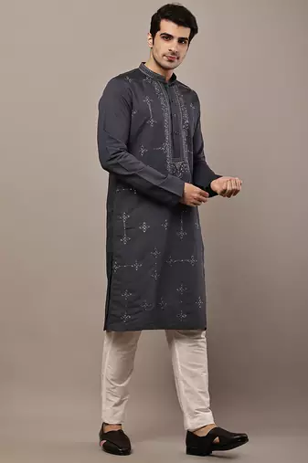 Men’s dark grey embroidered kurta